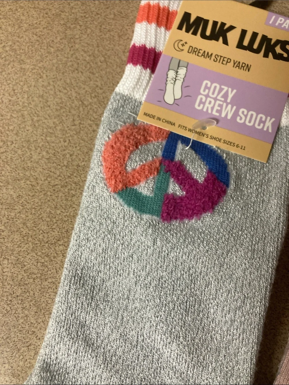 Muk Luks Crew Socks - Light Blue Peace Sign & Pink Floral (2-Pack)